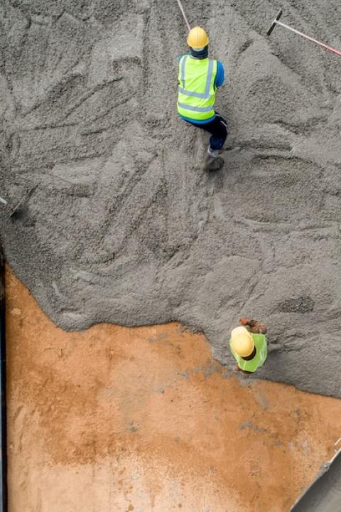 construction workers pour wet concrete at a road construction site — US businesses move toward low-carbon concrete