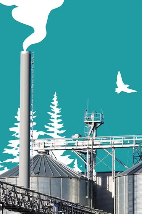 A graphic of a factory with a smokestack surrounded by trees and birds — corporate sustainability