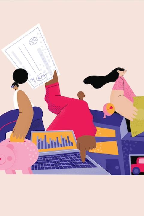 An illustration of three people holding checks, cash and a piggy bank — credit unions