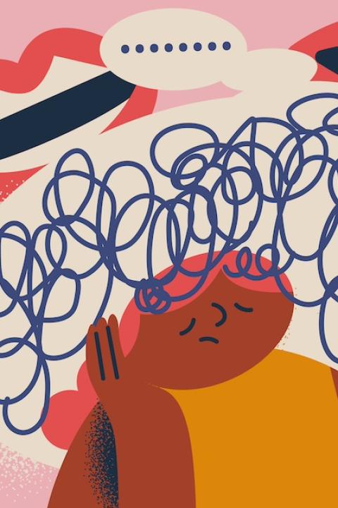 An illustration of a person feeling overwhelmed by the conversation happening around them — 