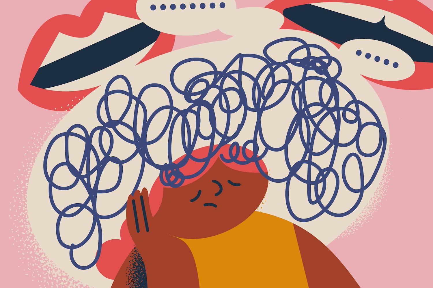 An illustration of a person feeling overwhelmed by the conversation happening around them —