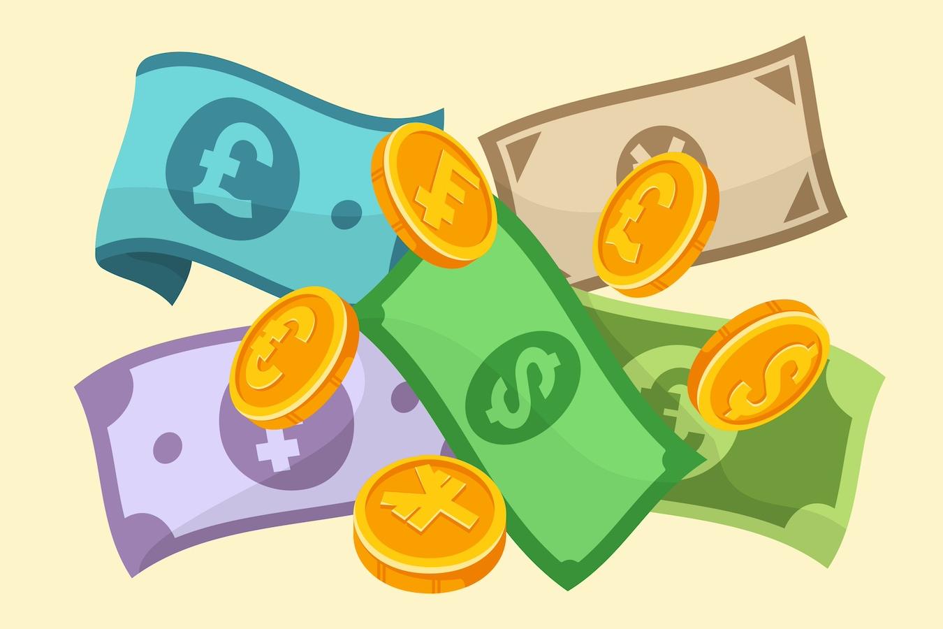 An illustration of currency from around the world — green bond market