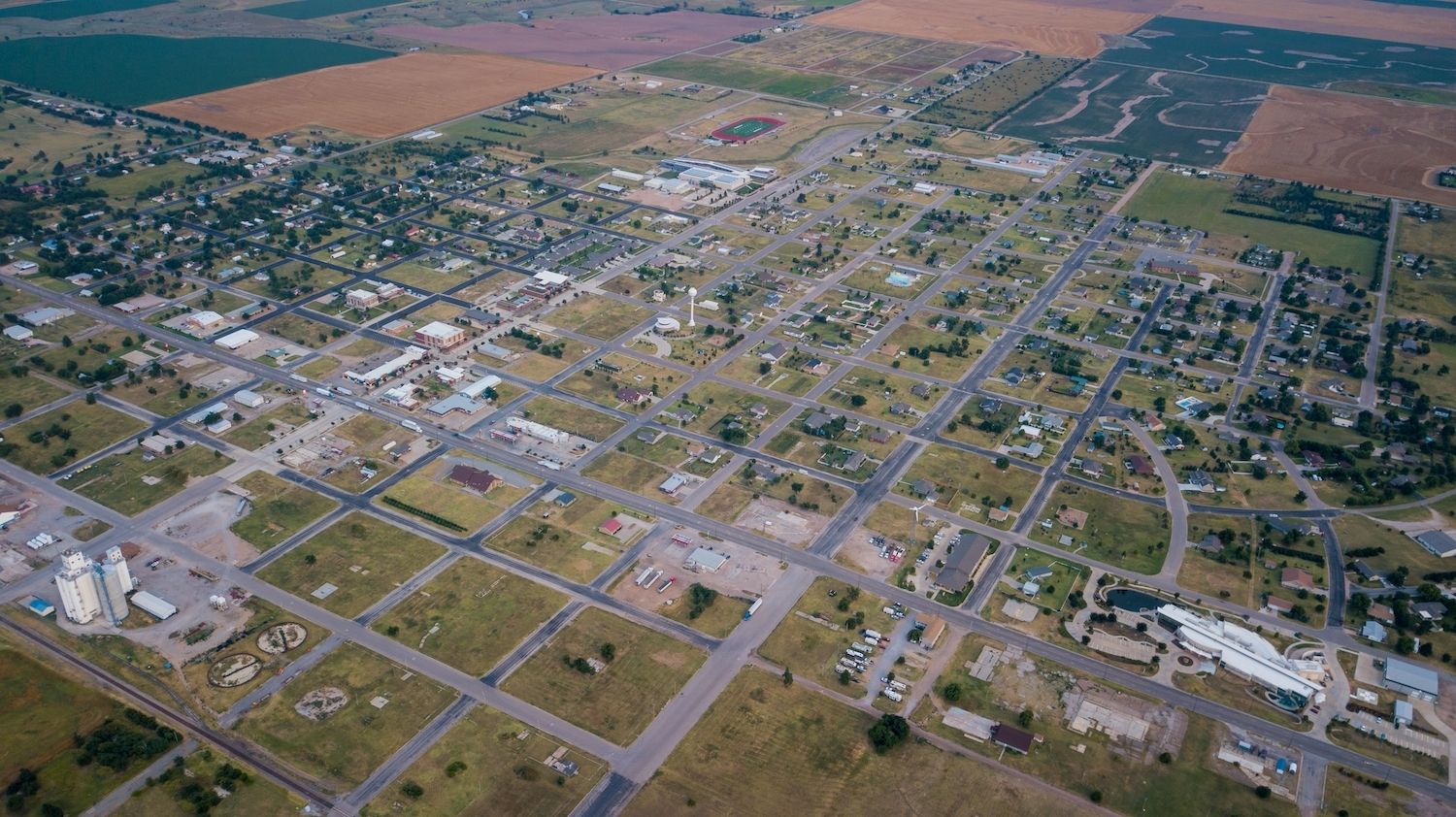 An aerial view of Greenburg, Kansas, rebuilt after the 2007 tornado.