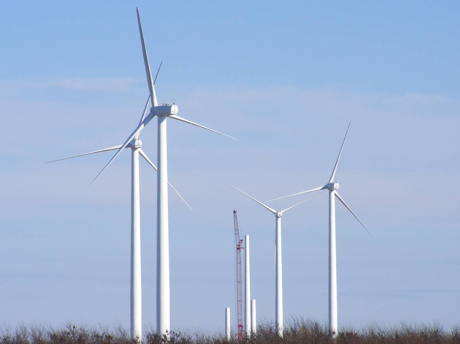 A cluster of wind turbines at the wind farm that supplies energy to Greensburg, Kansas.