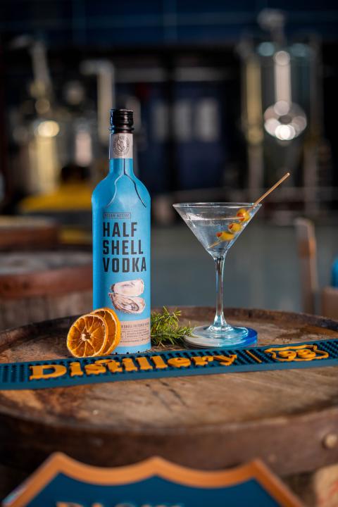 A bottle of Distillery 98's Half Shell Vodka.