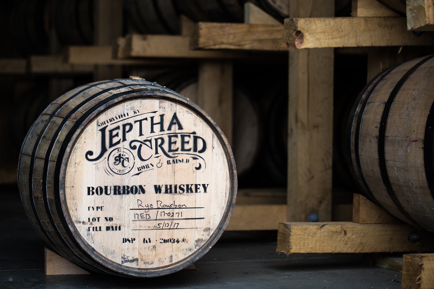 A barrel of Jeptha Creed rye burbon aging in the distillery.
