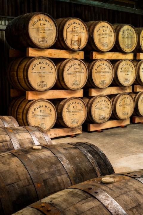 A wall of Kōloa Rum barrels — sustainable rum