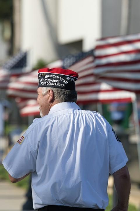 A United States veteran walks along a row of American flags — Mesothelioma