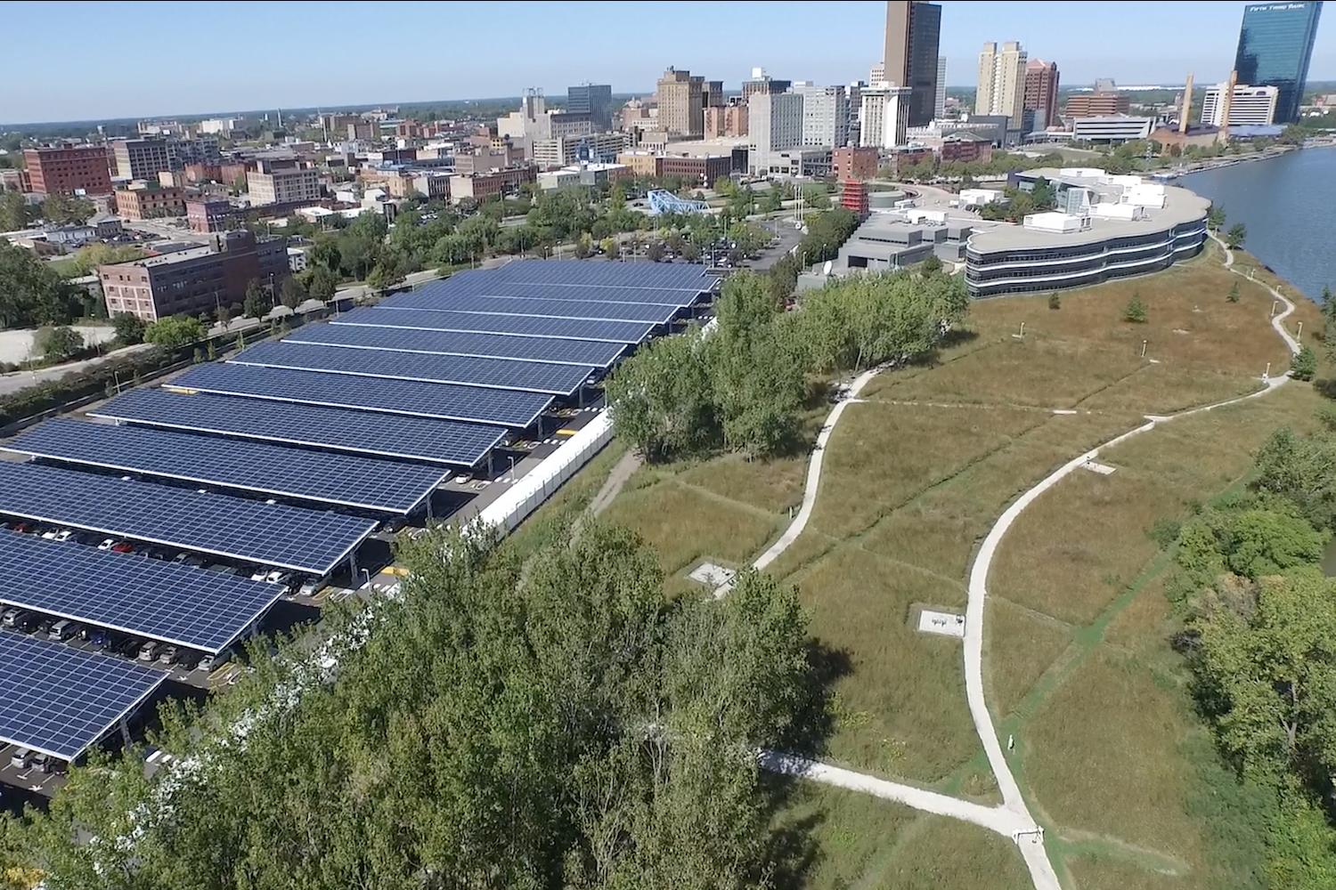 Owens Corning headquarters Campus Solar Array over parking lot in toledo ohio