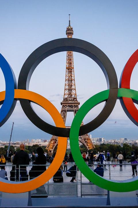 Paris Olympics 2024 — olympic rings in front of the Eiffel Tower