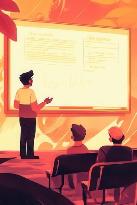 person speaking in a board room — graphic 