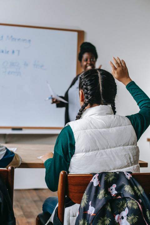 A student raises their hand in a classroom. 