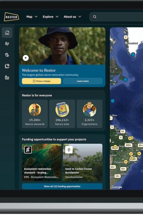 Restor's homepage, featuring a map of restoration sites.