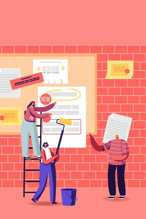 An illustration of people posting messages on a community message board — Social Current