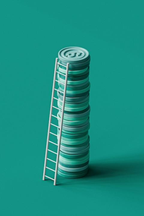 A stack of coins with a ladder leaning against it — sustainable investing
