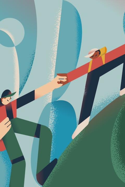 An illustration of three people holding hands, helping each other up a hill — sustainability