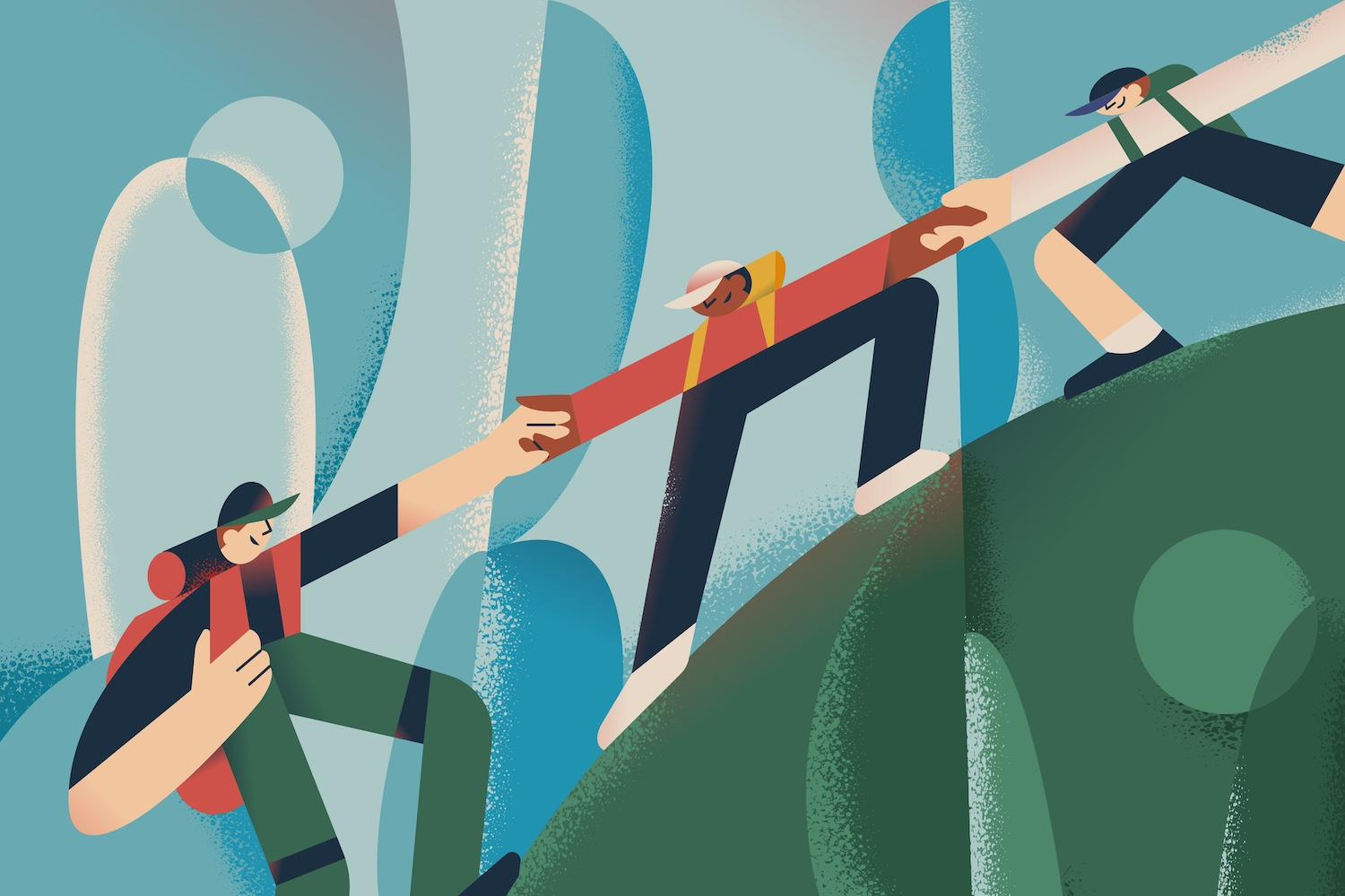 An illustration of three people holding hands, helping each other up a hill — sustainability