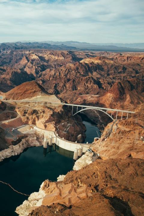 An aerial view of the Hoover Dam on the Colorado River — water scarcity