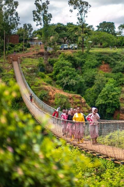 People walking across a bridge over a river valley in Africa — AI