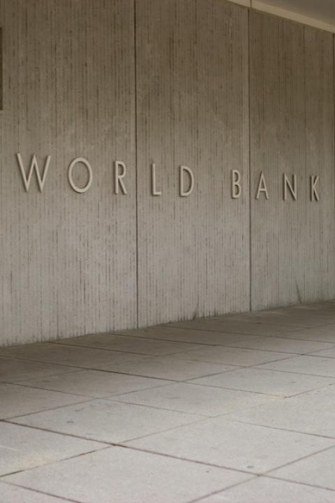 "The World Bank Group" sign on the organization's headquarters in Washington D.C.