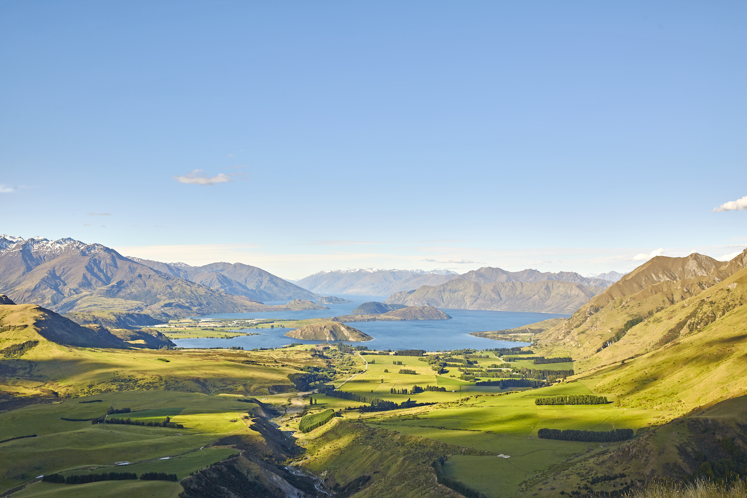 New Zealand — green mountains and fields, lakes and blue sky — grazing land for farmers
