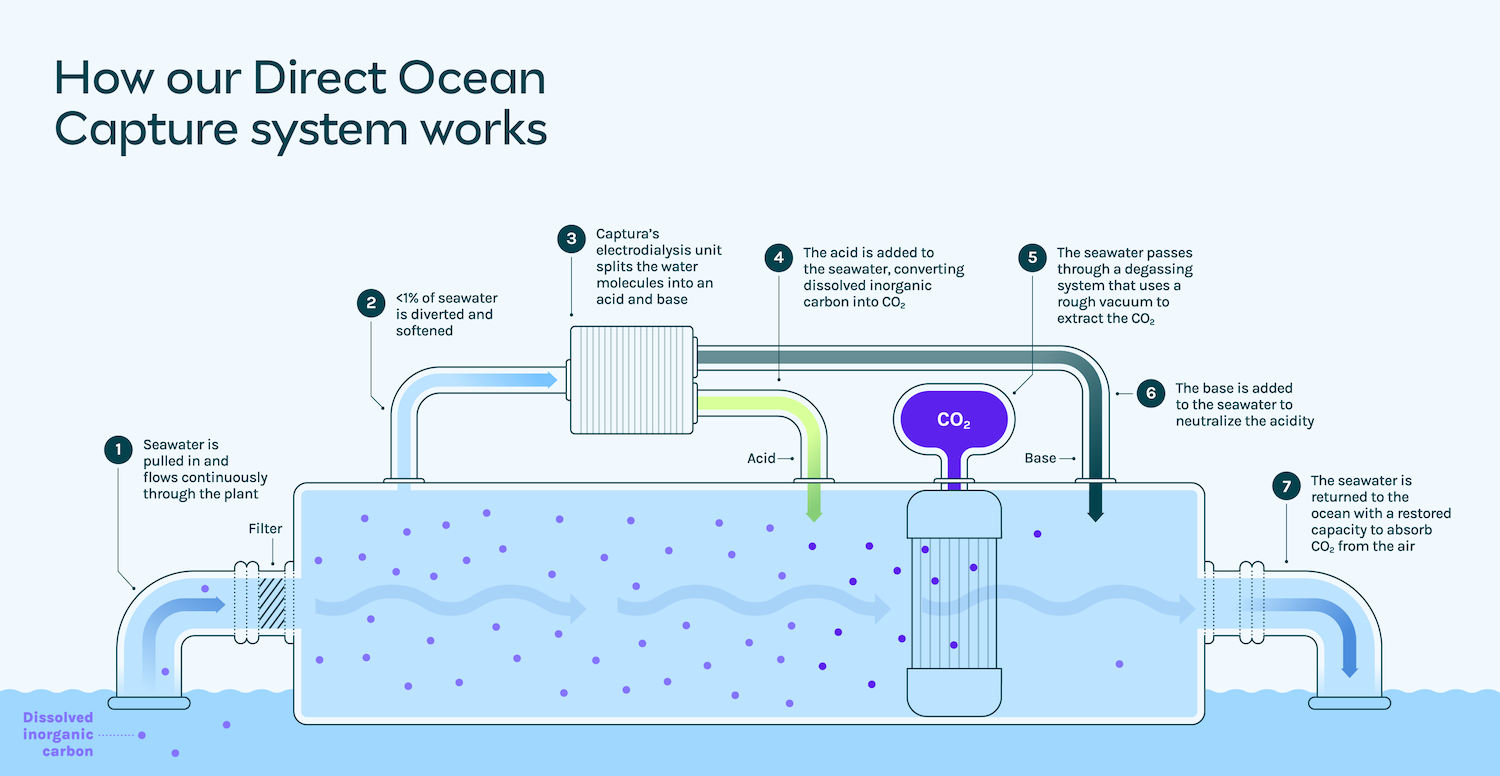A graphic depicting how Captura's direct ocean capture system works, from pulling seater in to returning it to the ocean.