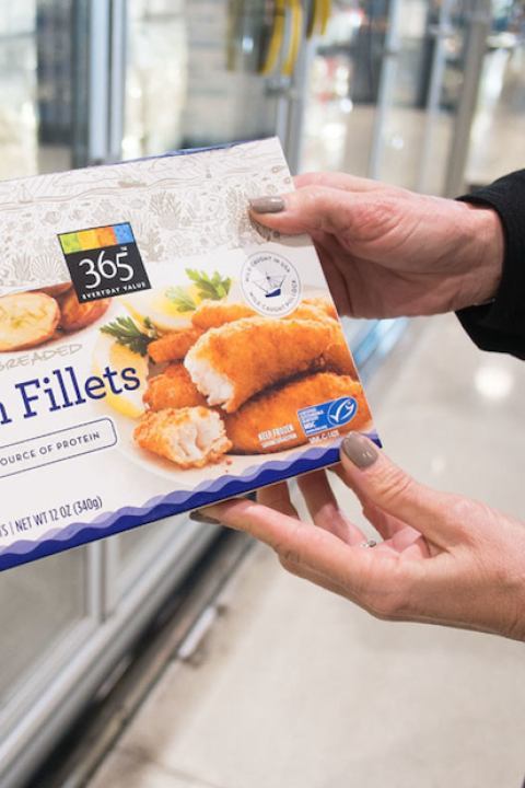 Marine Stewardship Council label on a package of fish fillets — green labels on products