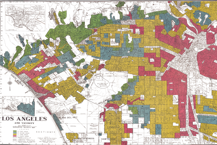 A 1939 map of redlined neighborhoods in Los Angeles, California