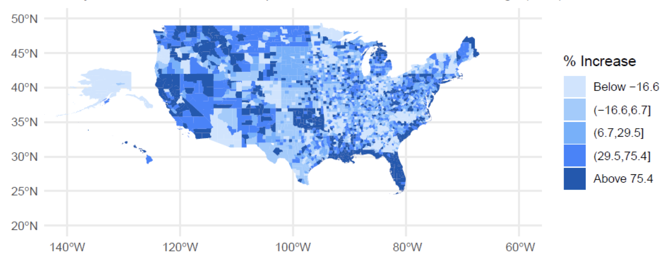 U.S. insurance non-renewal percentage increases by county from 2018 to 2023